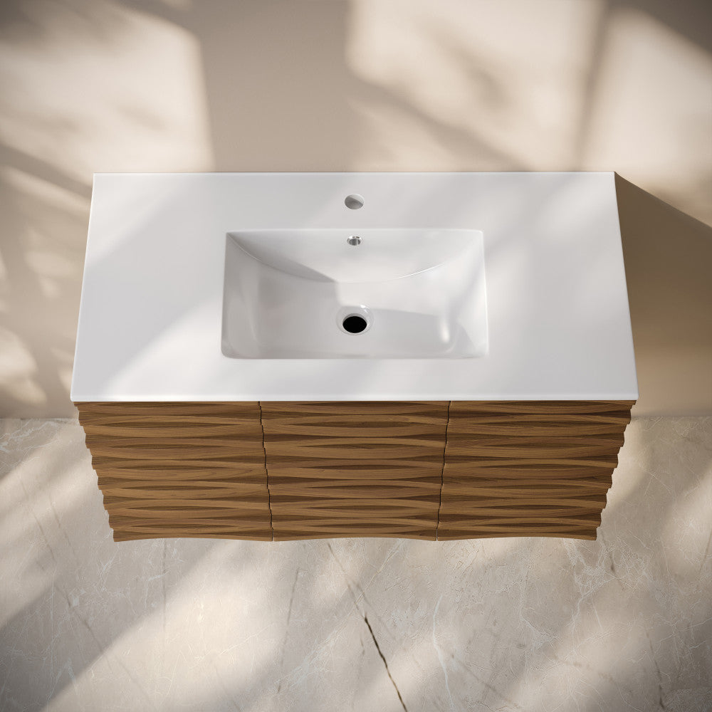 Cascade 36" Wall-Mounted Bathroom Vanity in Brown Oak with Sink Top