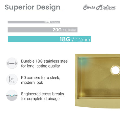 33 x 22 gold stainless steel farmhouse kitchen workstation sink with single basin and apron front.