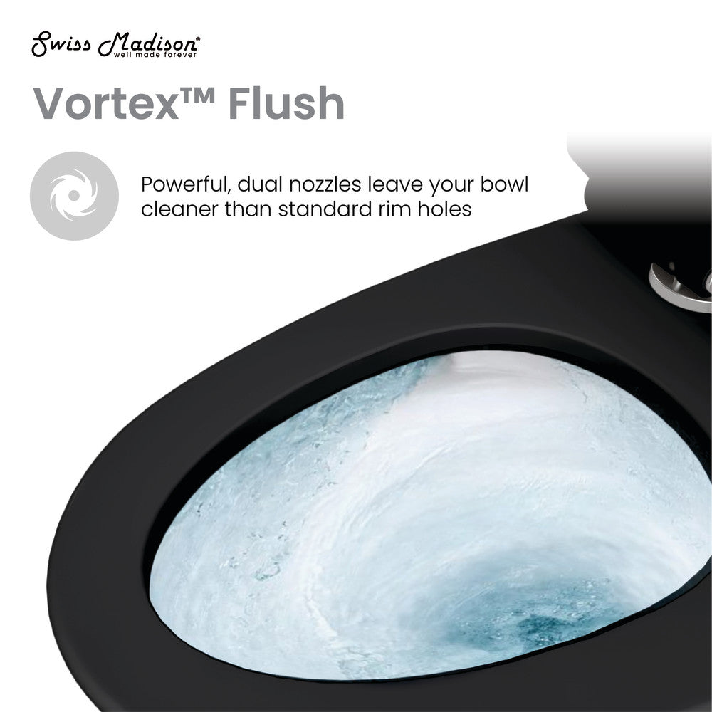 Elongated one-piece toilet in matte black with dual-flush and Vortex flush technology.