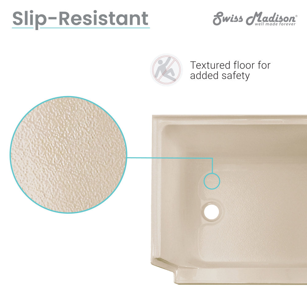 60" x 32" biscuit single threshold shower base with right hand drain and integral left hand seat.