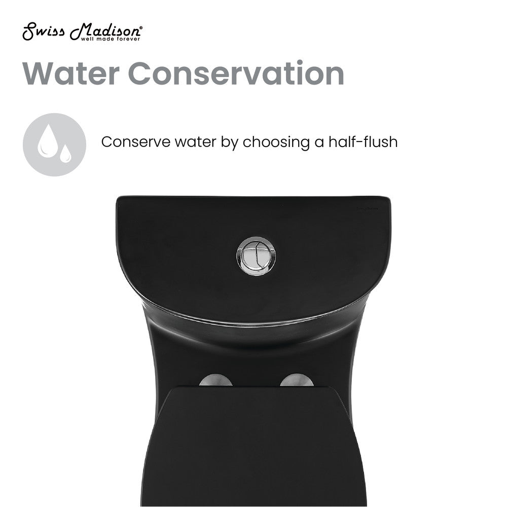Elongated one-piece toilet in matte black with dual-flush button on top and smooth skirted trapway design.