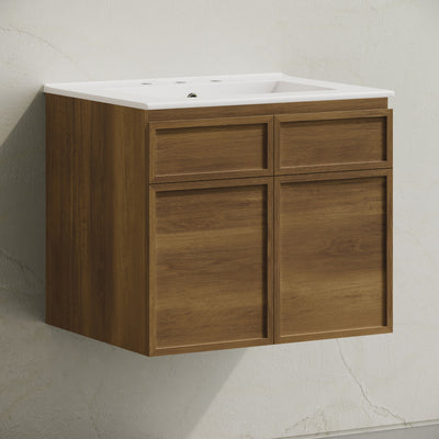 St. Tropez 24" Wall-Mounted Bathroom Vanity in Brown Oak with 3-Hole Widespread Sink Top