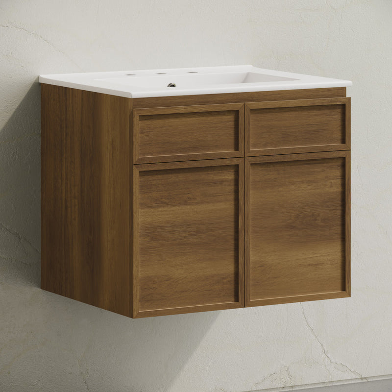 St. Tropez 24" Wall-Mounted Bathroom Vanity in Brown Oak with 3-Hole Widespread Sink Top