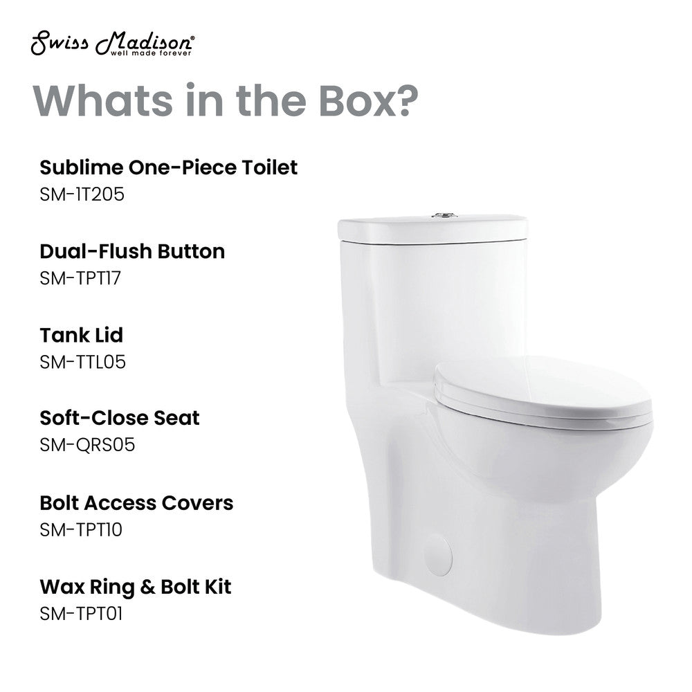 Elongated one-piece toilet with dual-flush button and soft-close seat in white ceramic.