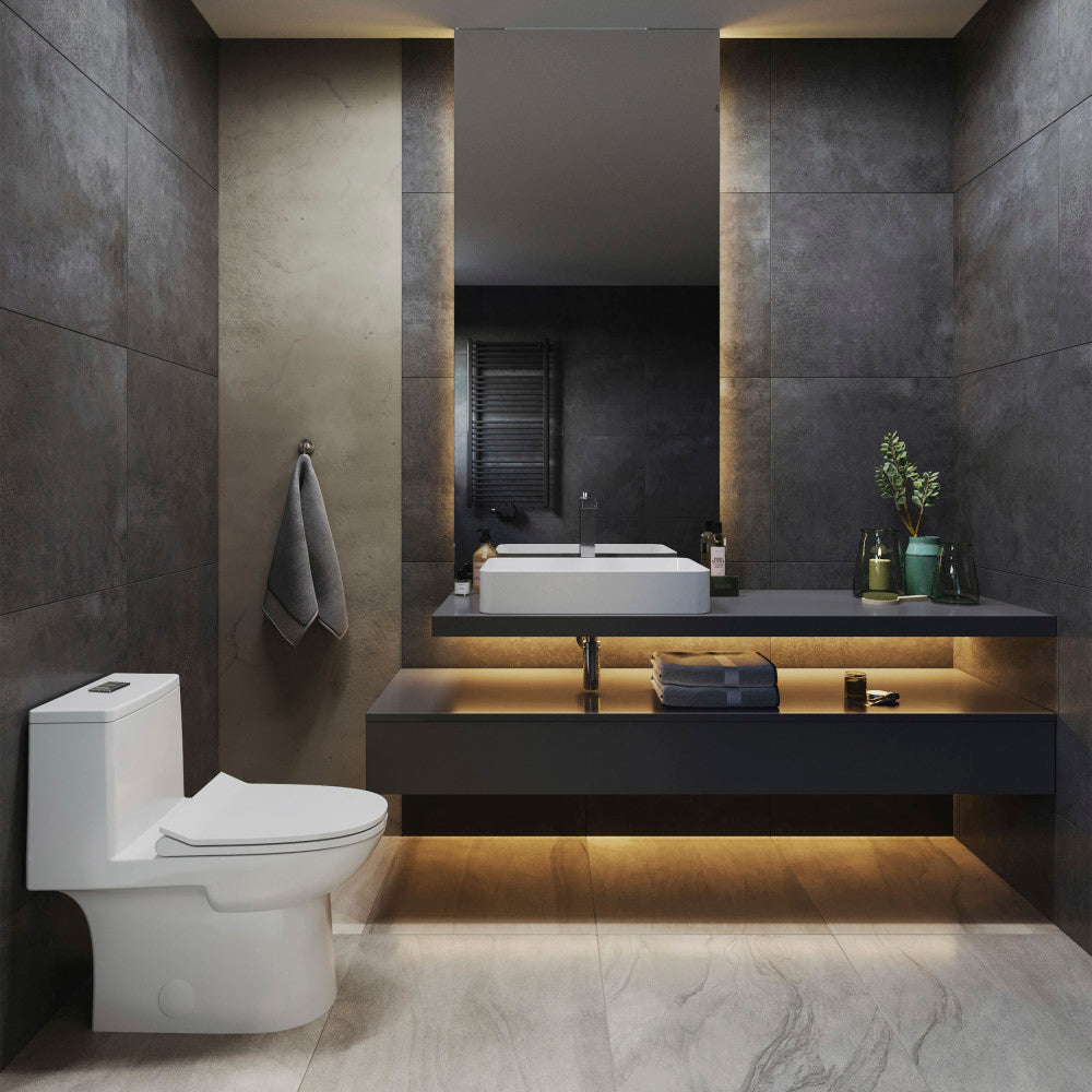 Elongated one-piece toilet with dual-flush, sleek modern design, in white ceramic.