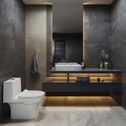 Elongated one-piece toilet with dual-flush, sleek modern design, in white ceramic.