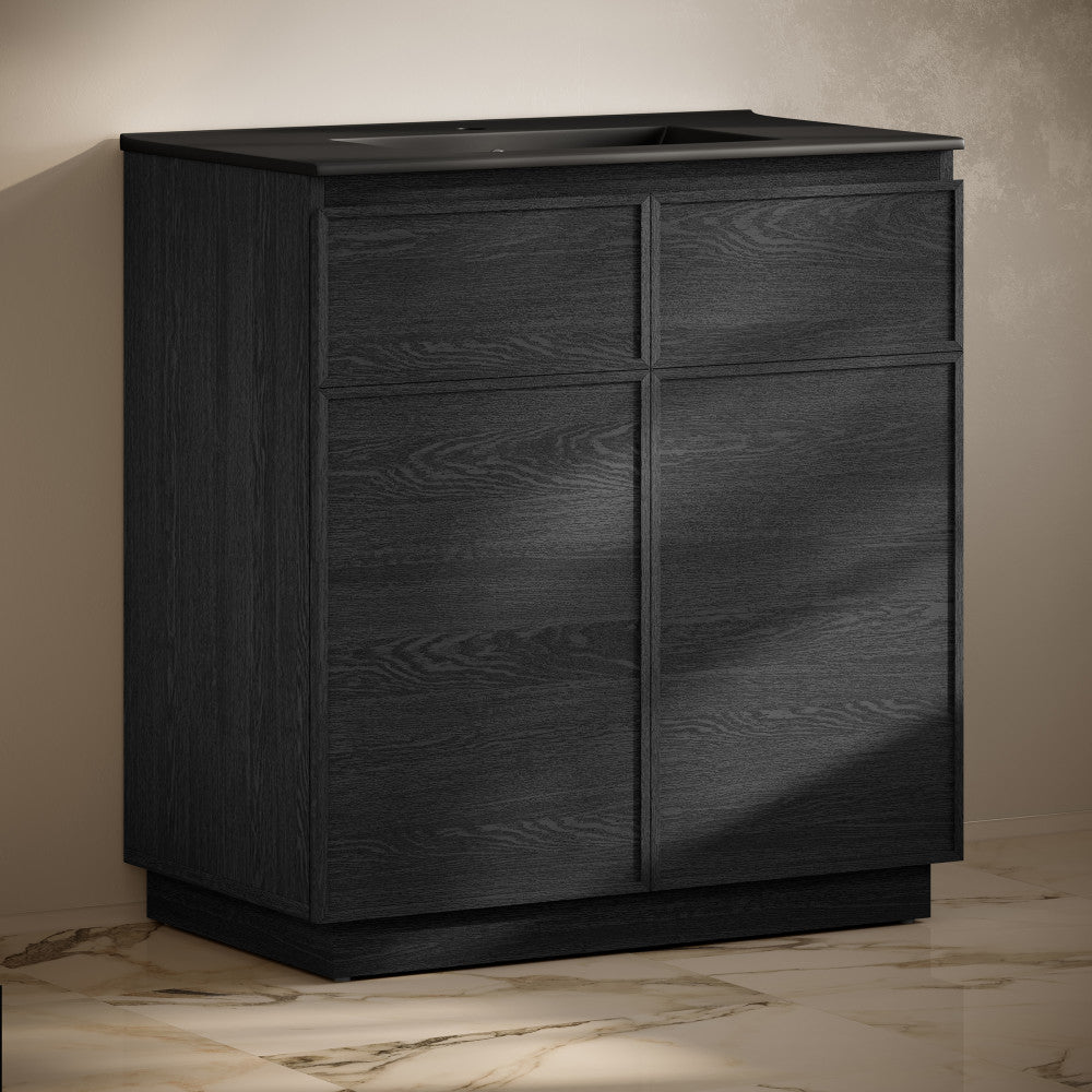 St. Tropez 36" Freestanding Bathroom Vanity in Black Oak with Black Sink Top