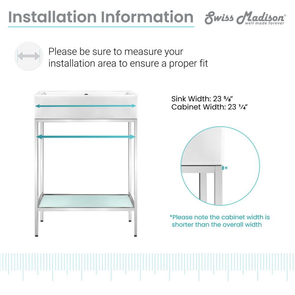 24-inch freestanding bathroom vanity with chrome metal frame and open shelf design.