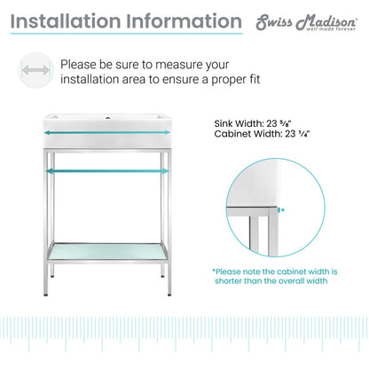 24-inch freestanding bathroom vanity with chrome metal frame and open shelf design.
