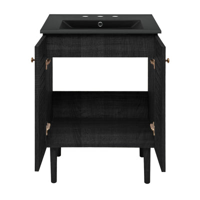 Bron 24" Freestanding Bathroom Vanity in Black Oak with Black 3-Hole Widespread Sink Top