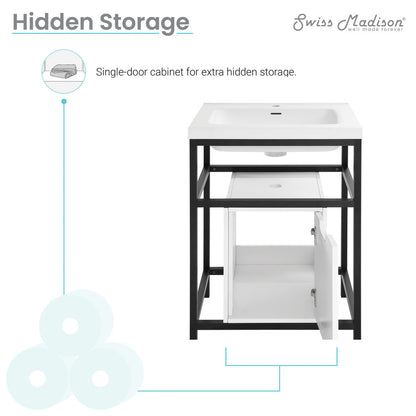 24-inch freestanding bathroom vanity in black with a single-door cabinet and white sink top.