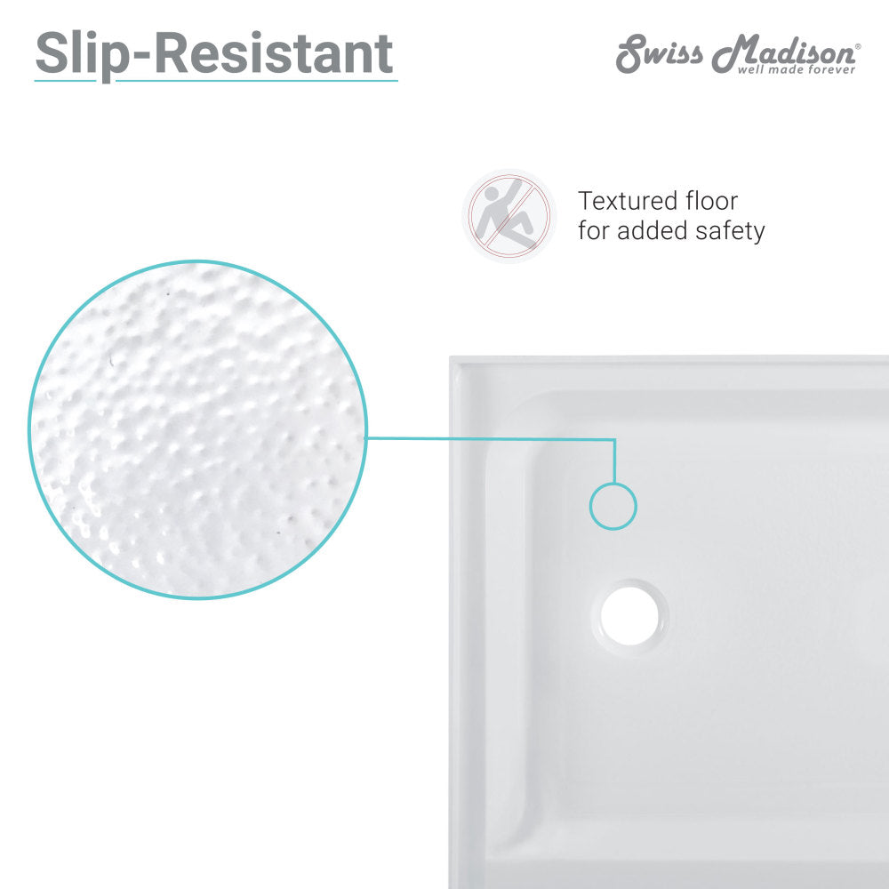 42" x 42" white acrylic shower base with single threshold and center drain, textured slip-resistant floor.