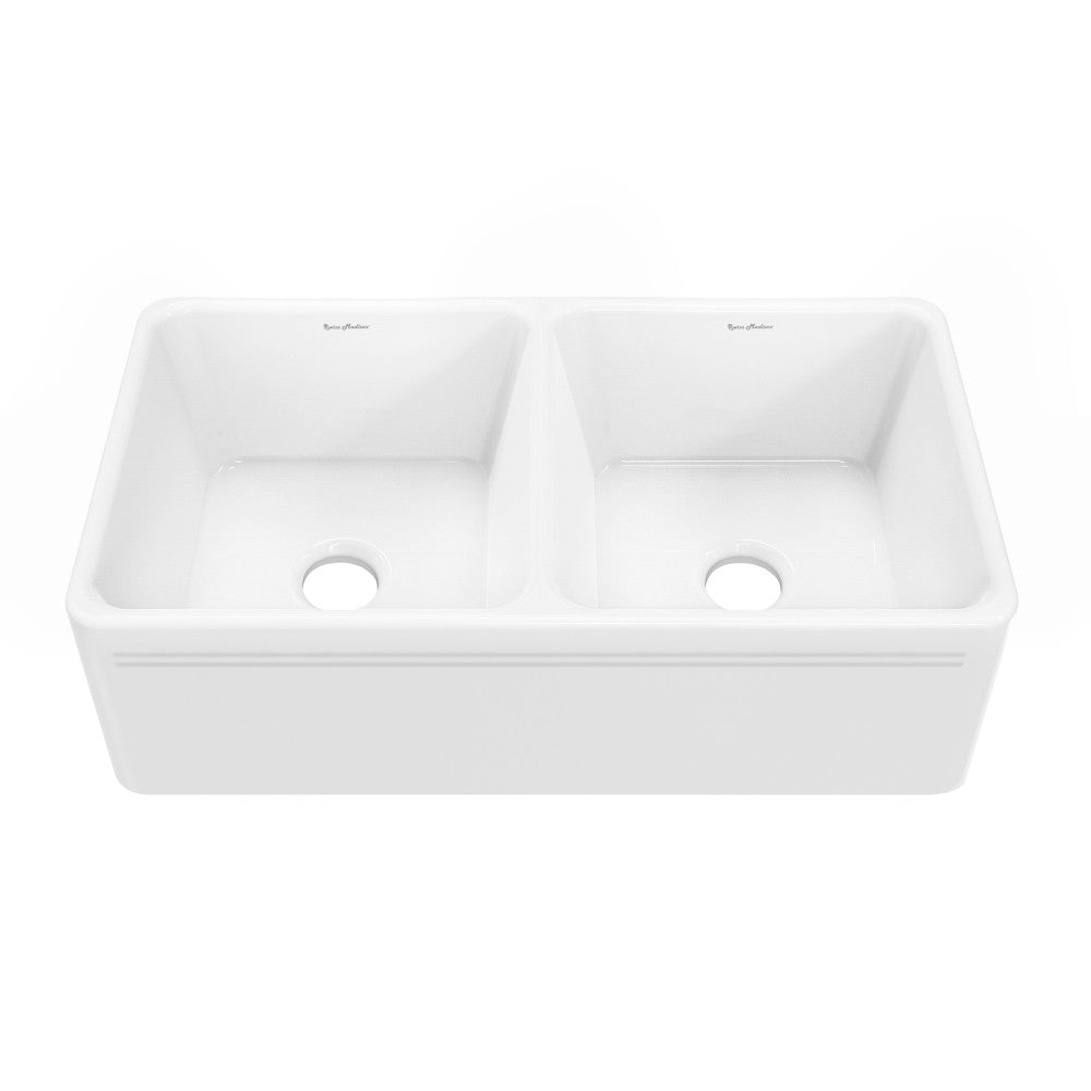 34" glossy white ceramic double basin farmhouse kitchen sink with apron front.