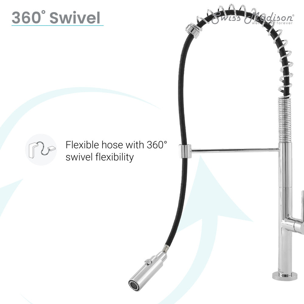 Pull-down kitchen faucet in chrome with single handle and flexible hose, 360-degree swivel.