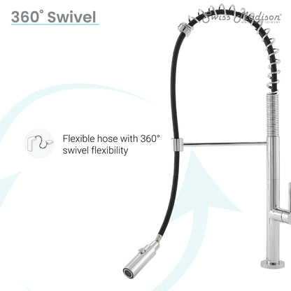 Pull-down kitchen faucet in chrome with single handle and flexible hose, 360-degree swivel.
