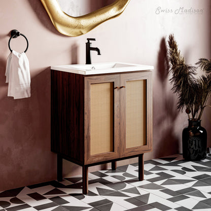 24" freestanding brown oak bathroom vanity with single sink and black faucet.