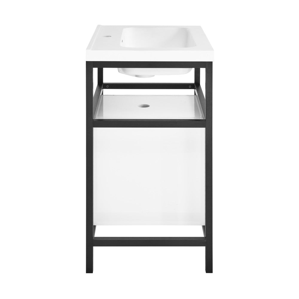 24-inch freestanding bathroom vanity in black with single sink and open shelf design.