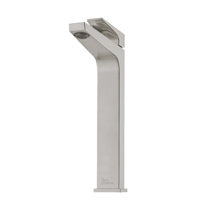 Single-handle high arc bathroom faucet in brushed nickel, sleek modern design.