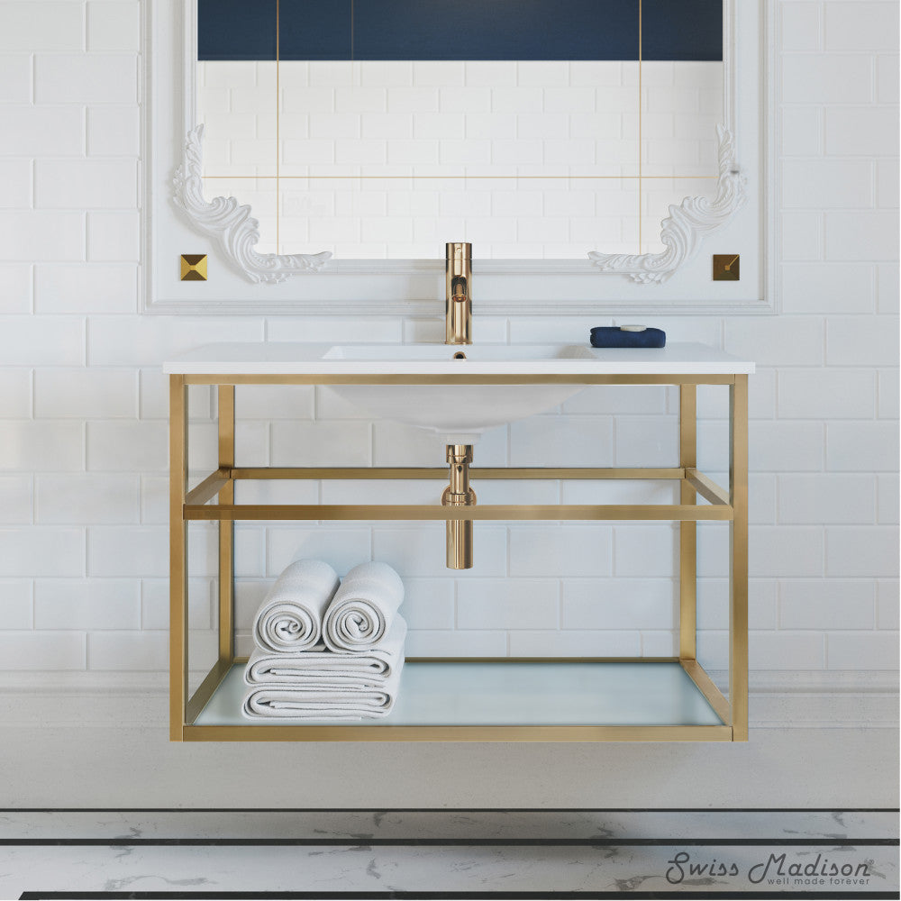 Pierre 36 Single, Open Shelf, Gold Metal Frame Bathroom Vanity
