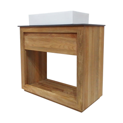 36-inch freestanding reclaimed wood bathroom vanity with single hole vessel sink and slate countertop.