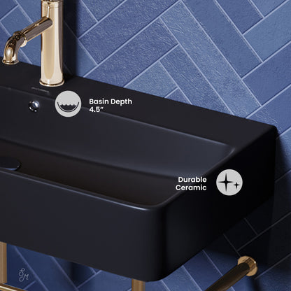 Carre 36 Ceramic Console Sink Matte Black Basin Gold Legs