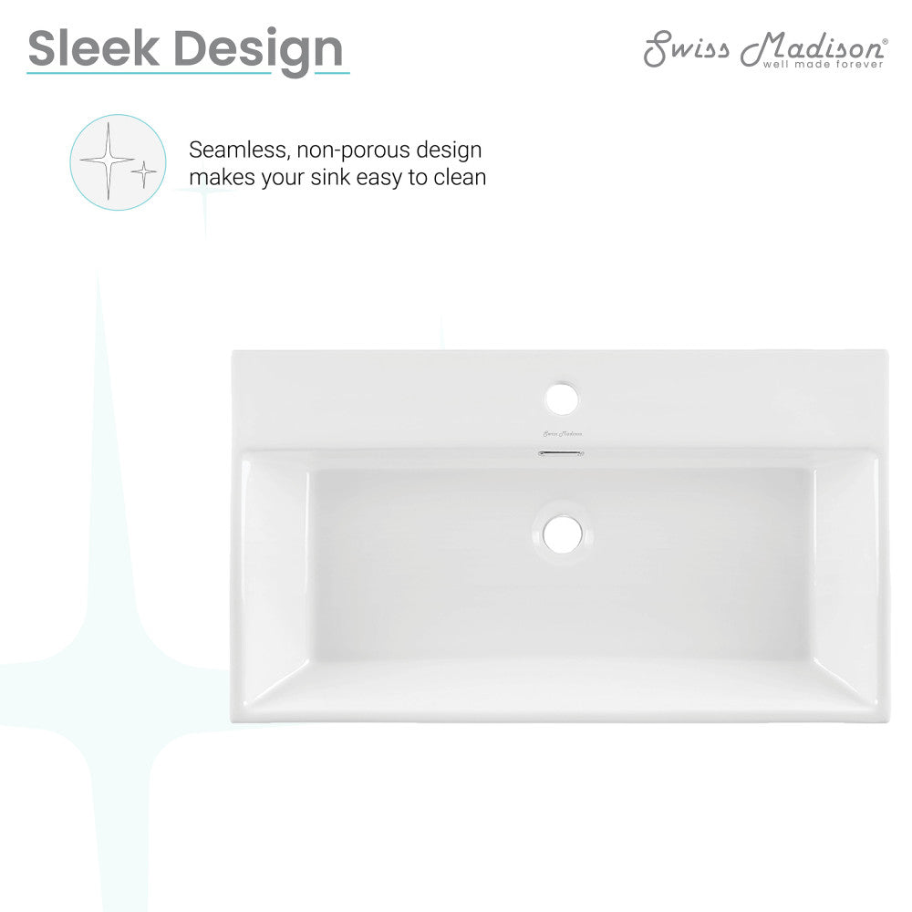 30" rectangular wall-mount bathroom sink in white with single faucet hole and integrated overflow drain.