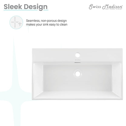 30" rectangular wall-mount bathroom sink in white with single faucet hole and integrated overflow drain.