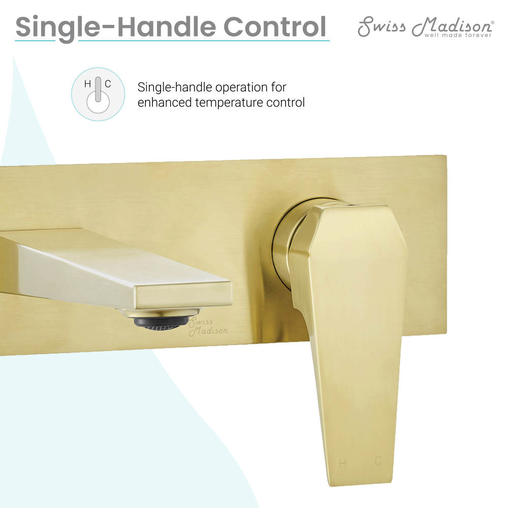 Single-handle wall-mount bathroom faucet in brushed gold with rectangular spout and lever handle.