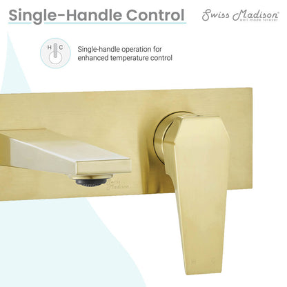 Single-handle wall-mount bathroom faucet in brushed gold with rectangular spout and lever handle.