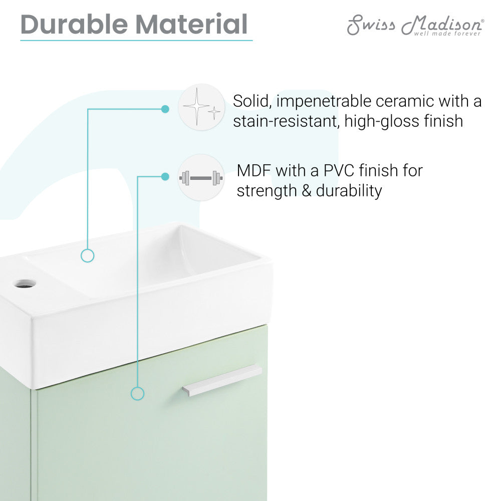 18-inch wall-mounted mint bathroom vanity with single sink and soft-close door.