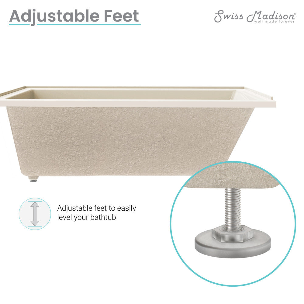 Alcove bisque bathtub 48x32 inches with right-hand drain and adjustable feet for leveling.