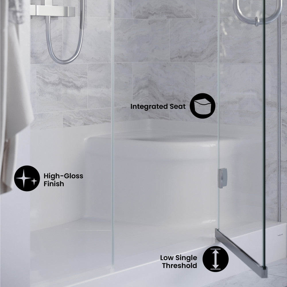 Aquatique 60" x 32" Single Threshold Shower Base With Left Hand Drain and Integral Right Hand Seat in White