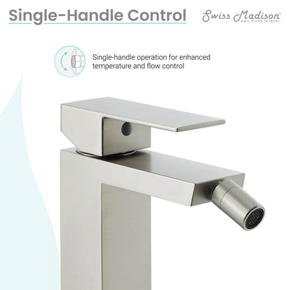 Single-handle bidet faucet in nickel with sleek rectangular lever and spout.