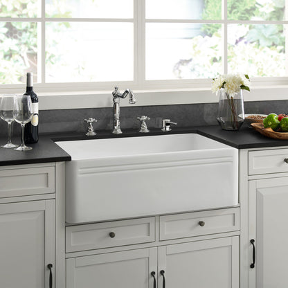 30 x 18 white ceramic farmhouse kitchen sink with apron front, classic farmhouse style.
