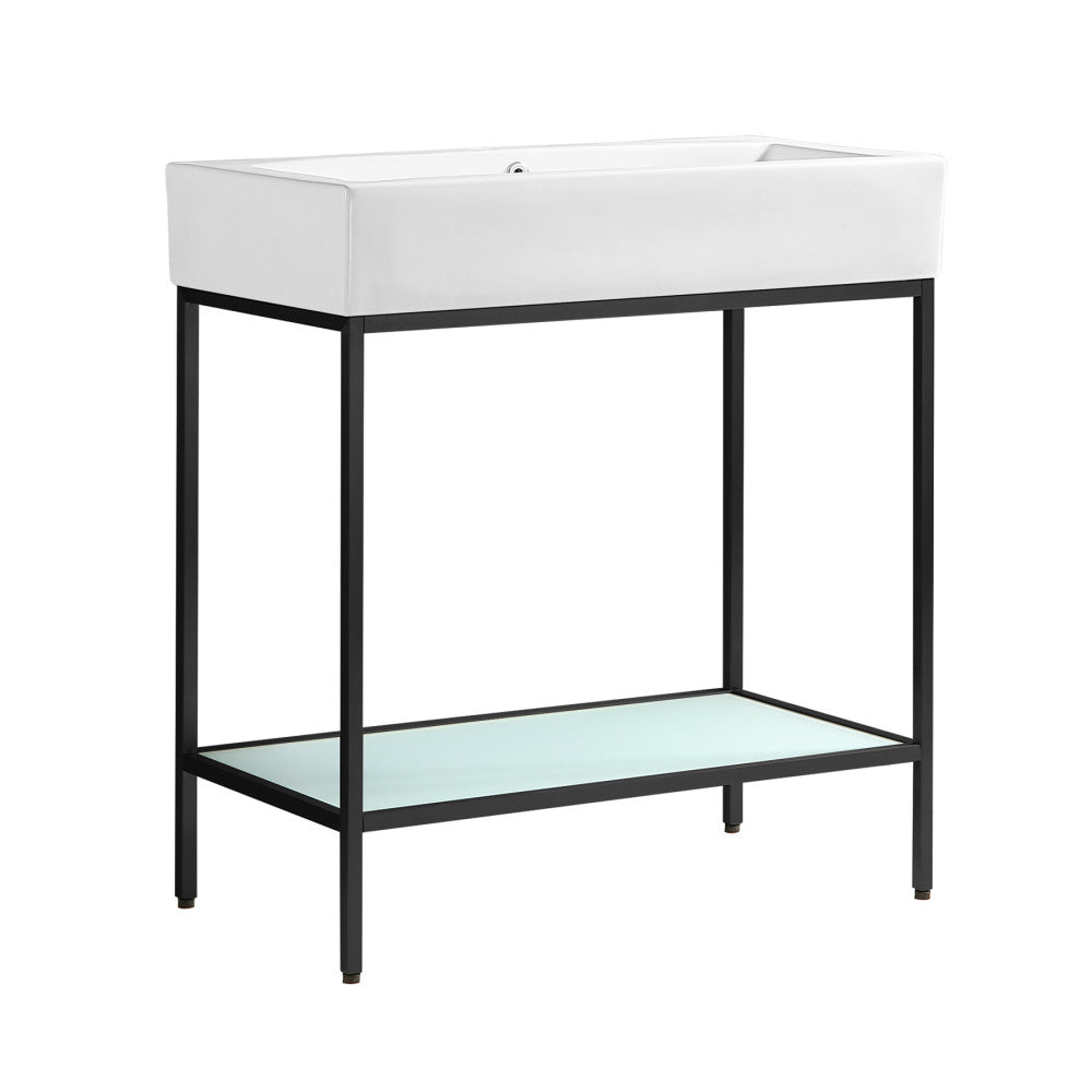 32-inch freestanding bathroom vanity with open shelf and rectangular white sink top in black frame.