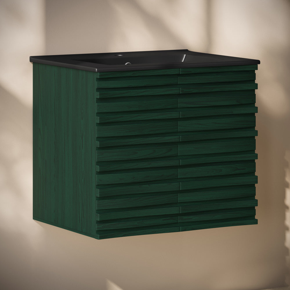 Cascade 24" Wall-Mounted Bathroom Vanity in Green Oak with Black Sink Top