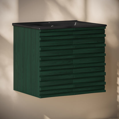Cascade 24" Wall-Mounted Bathroom Vanity in Green Oak with Black Sink Top