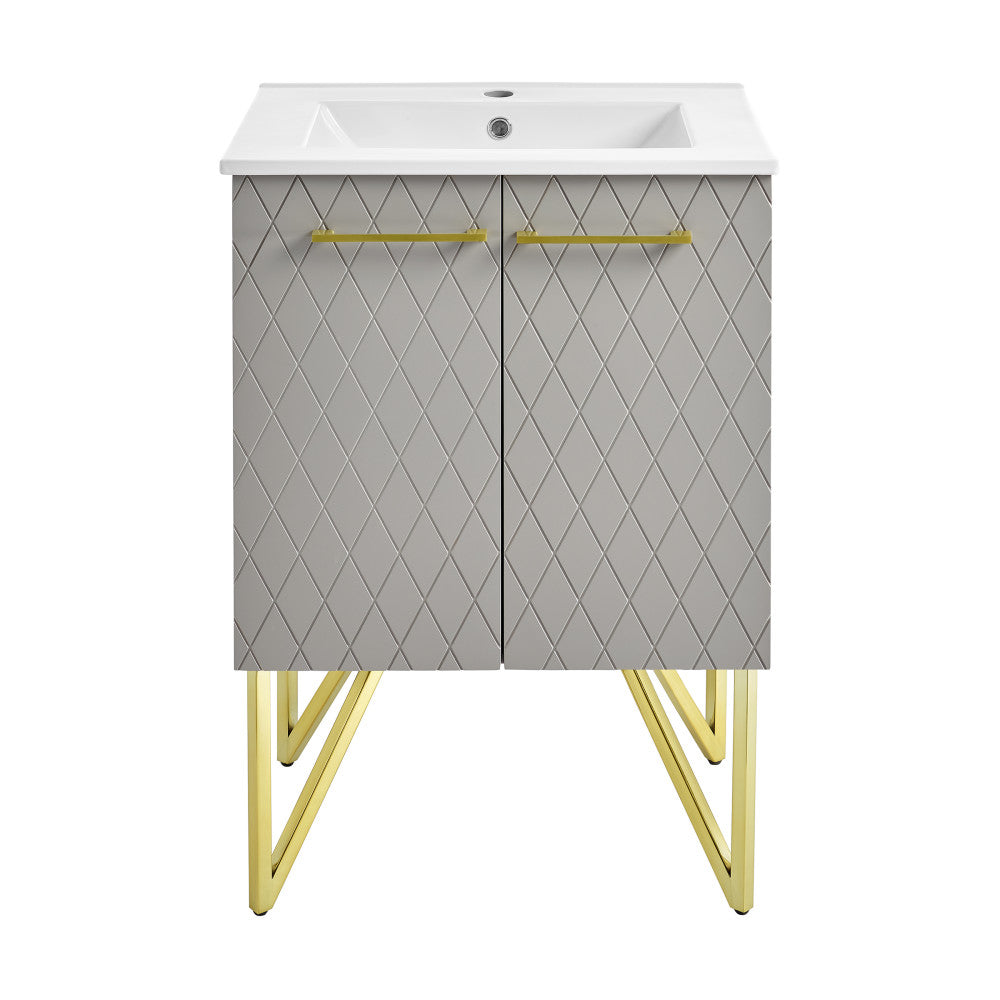 24-inch freestanding bathroom vanity in diamond gray with single sink and gold metal handles and legs.