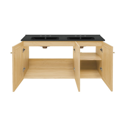 Classe 48" Wall-Mounted Bathroom Vanity in Natural Oak with Black 3-Hole Widespread Double Basin Sink Top