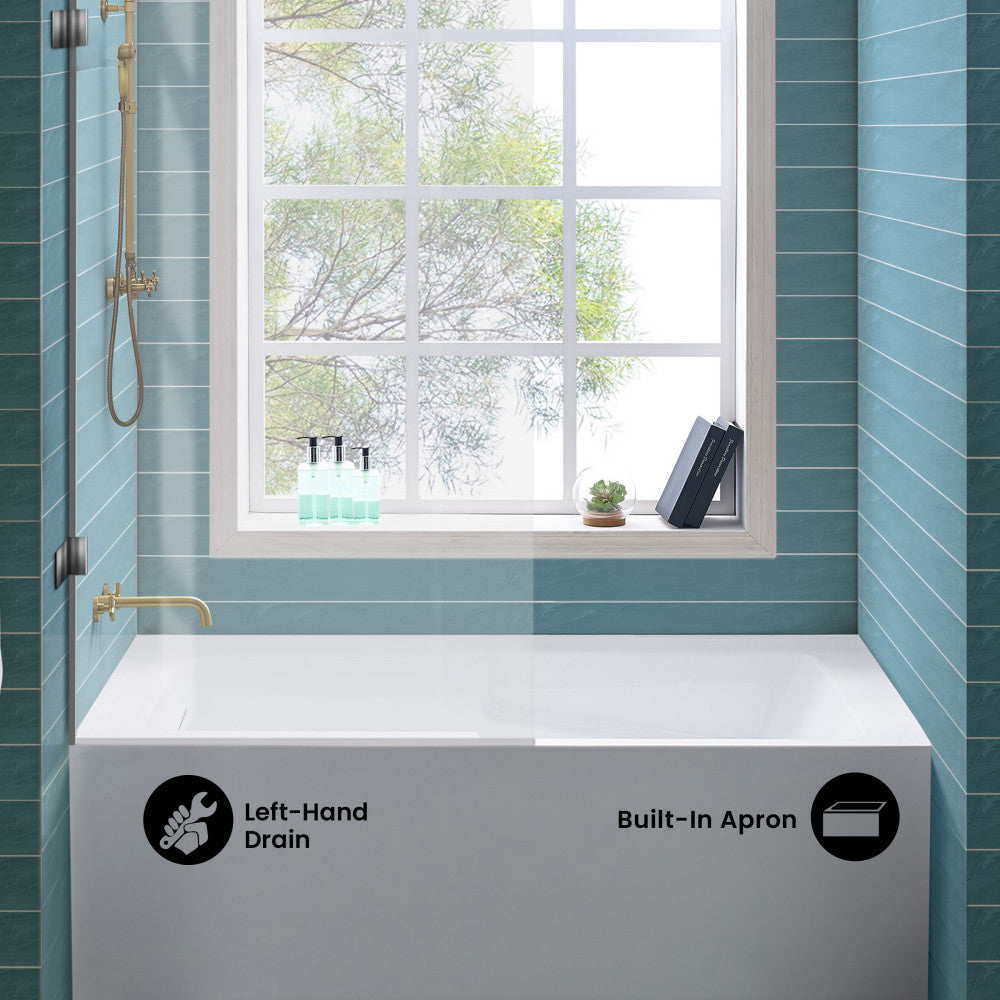 Voltaire 60 x 30 Skirted Left Drain Soaking Apron Bathtub in Glossy White with Integrated Overflow and Armrest, Drain Included