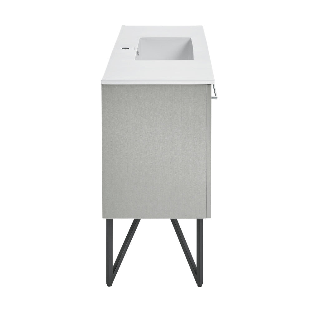 48-inch freestanding gray bathroom vanity with single integrated sink and black metal legs.