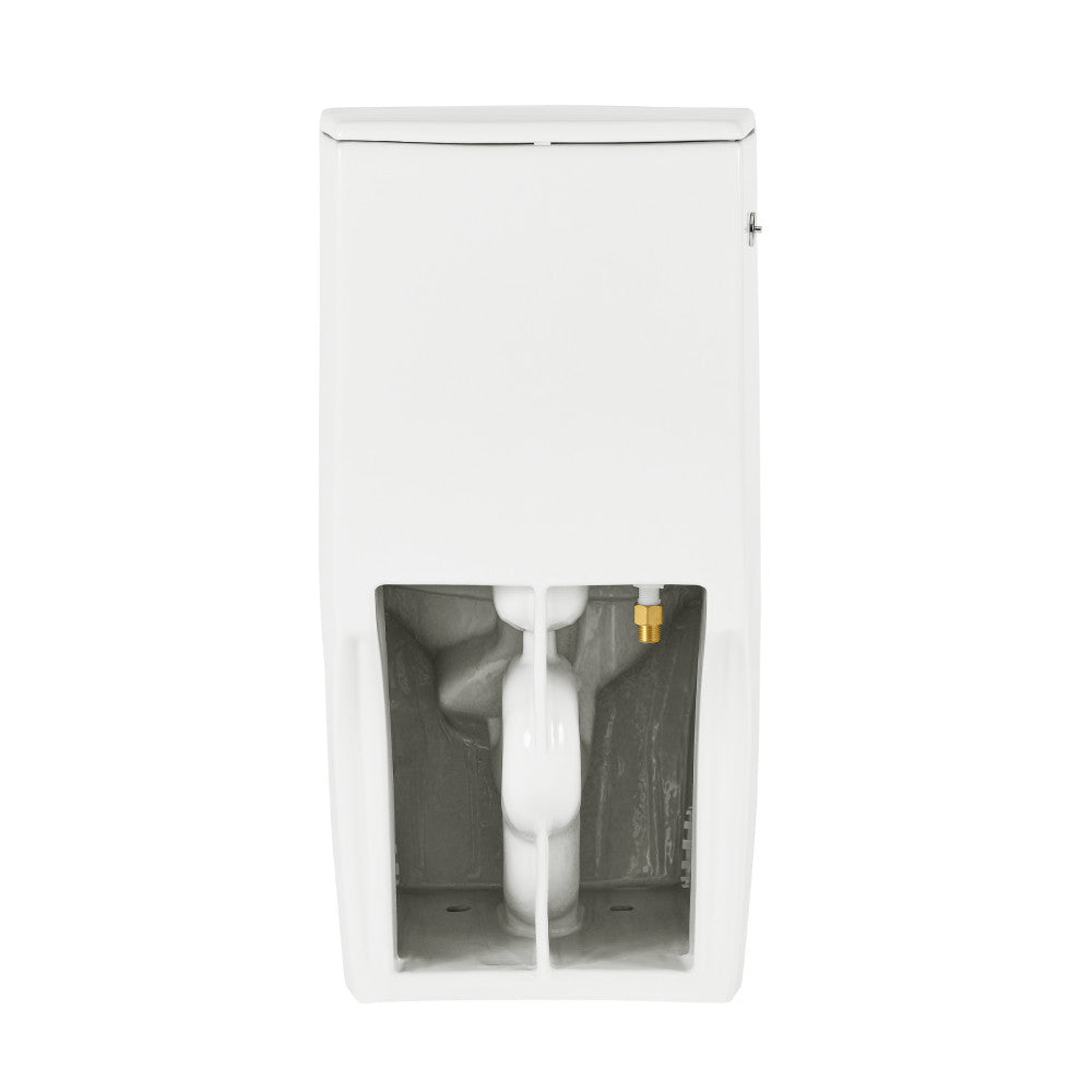 Elongated one-piece toilet with touchless flush, dual flush option, and skirted trapway design.