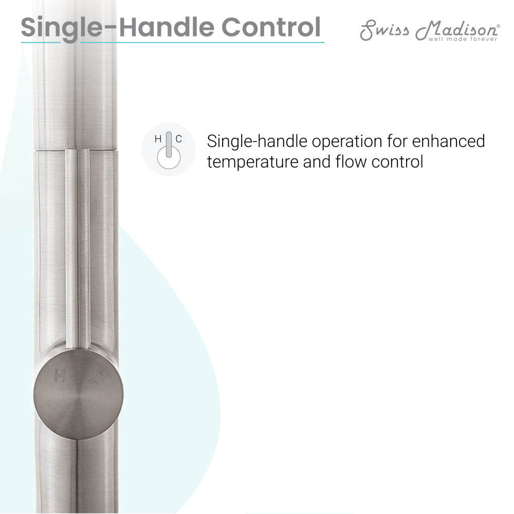 Single-handle pull-down kitchen faucet in brushed nickel with smooth cylindrical design and ergonomic handle.