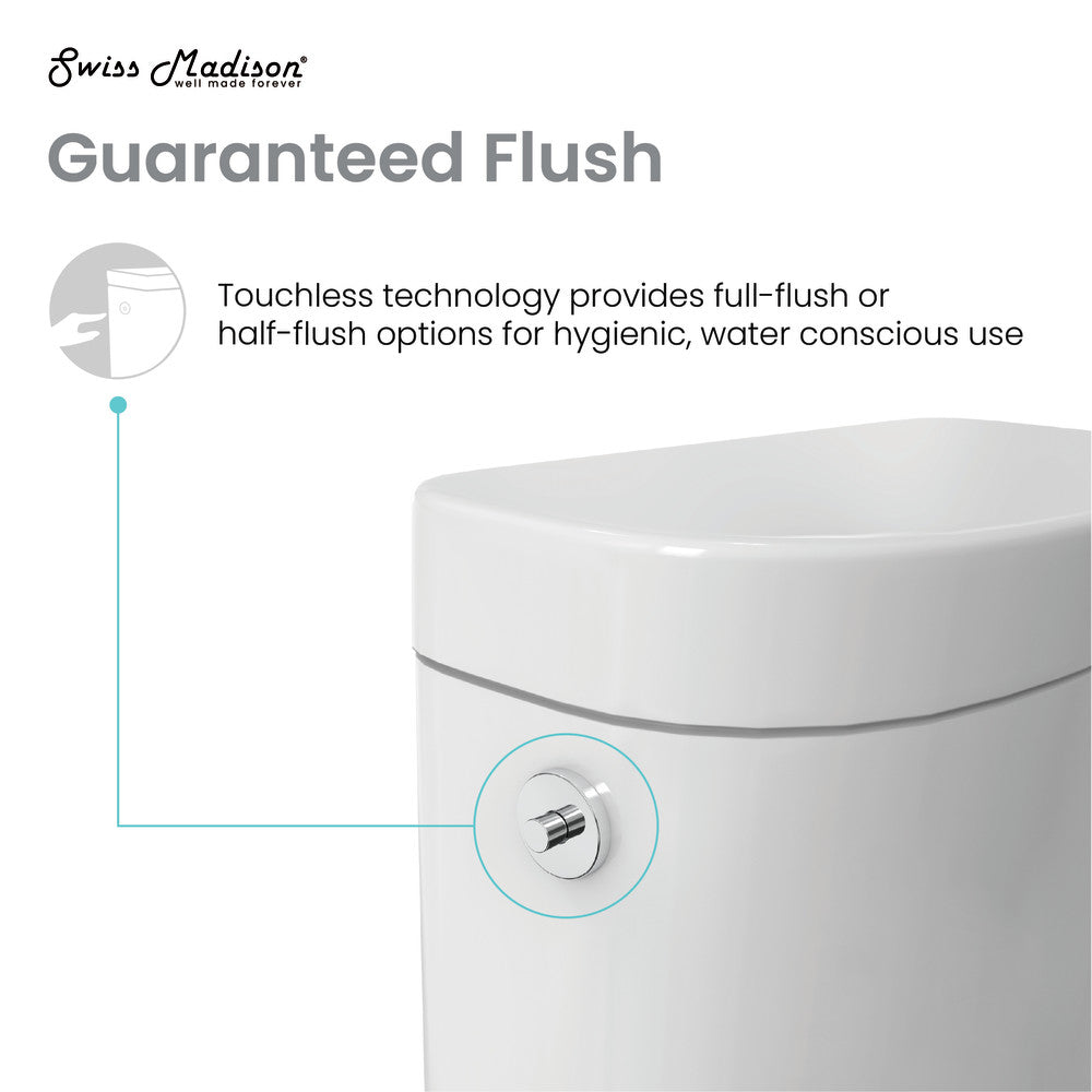 Elongated one-piece toilet with dual-flush and touchless flush technology, white ceramic.