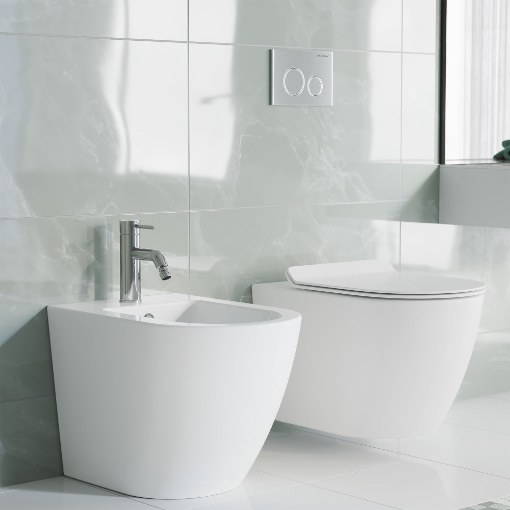 Single-handle bidet faucet in chrome with modern lever handle and sleek cylindrical design.