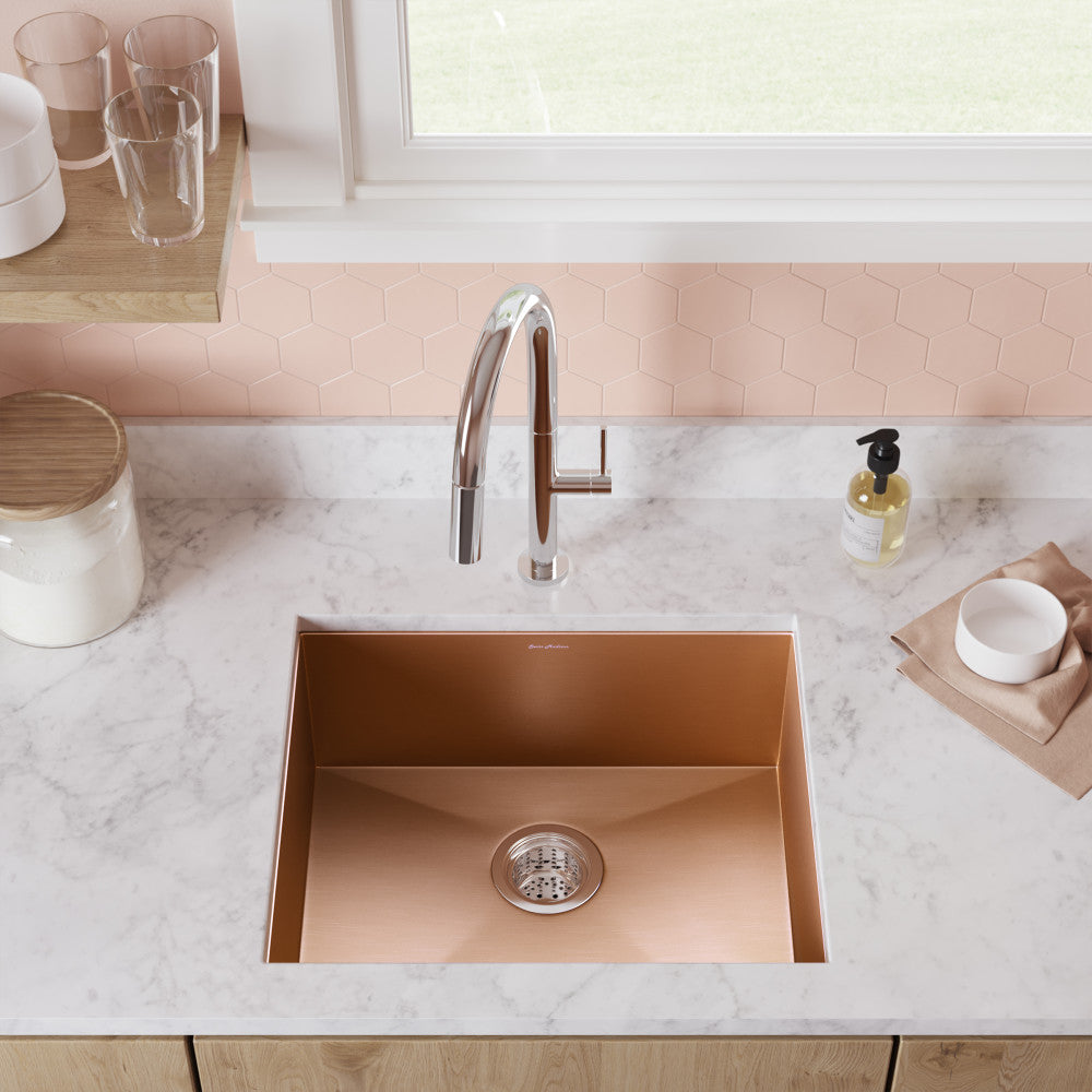 21x18-inch single basin undermount kitchen sink in rose gold stainless steel.