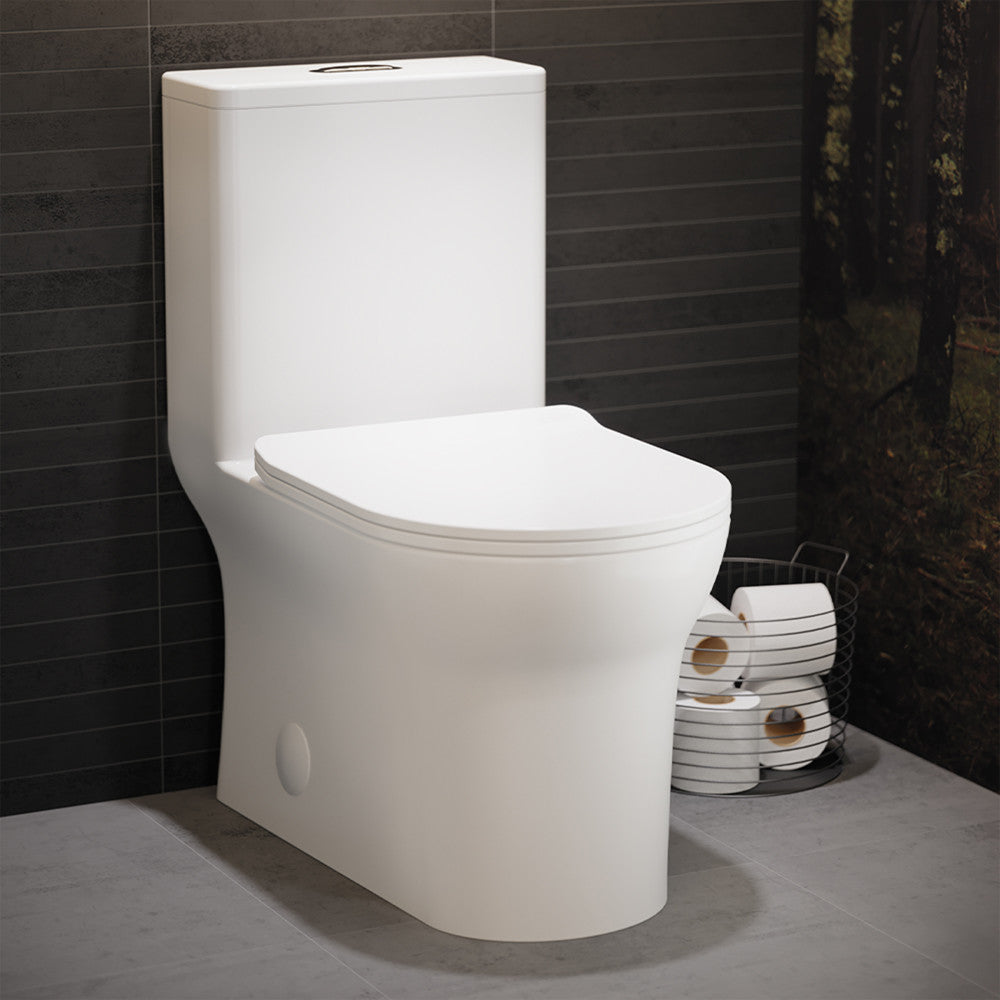 Elongated one-piece toilet with dual-flush, smooth skirted trapway, and compact design in white ceramic.