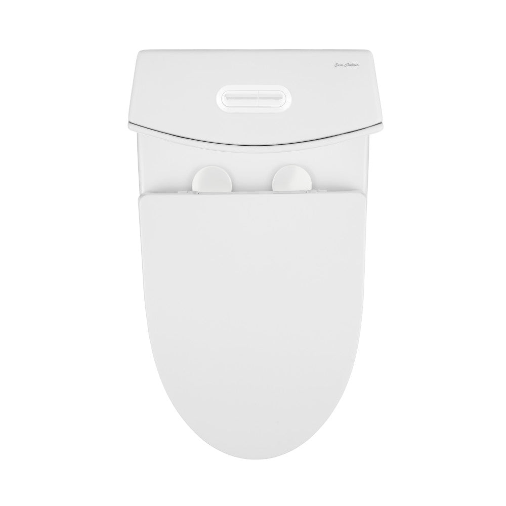 Elongated one-piece toilet in white, comfort height, dual-flush with smooth contemporary design.
