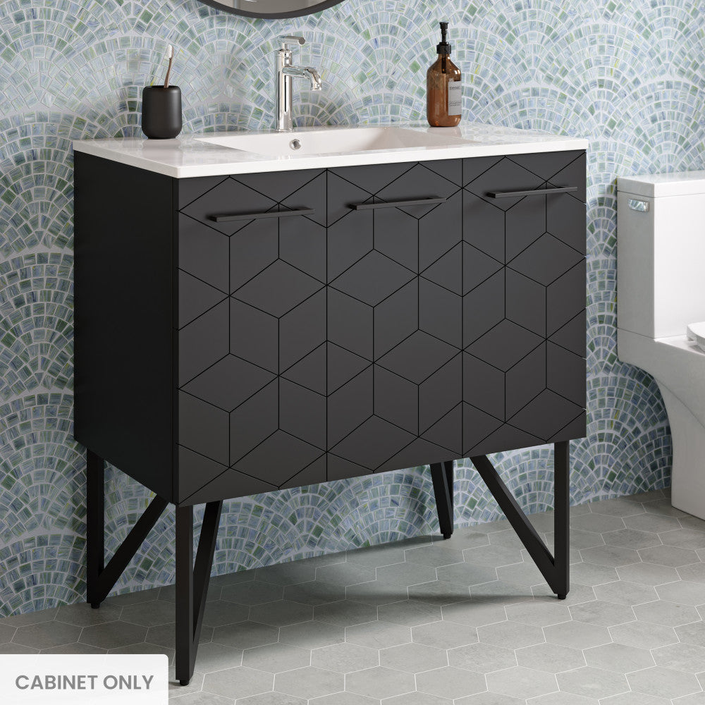 36-inch freestanding bathroom vanity in phantom black, soft-close doors, geometric front design.
