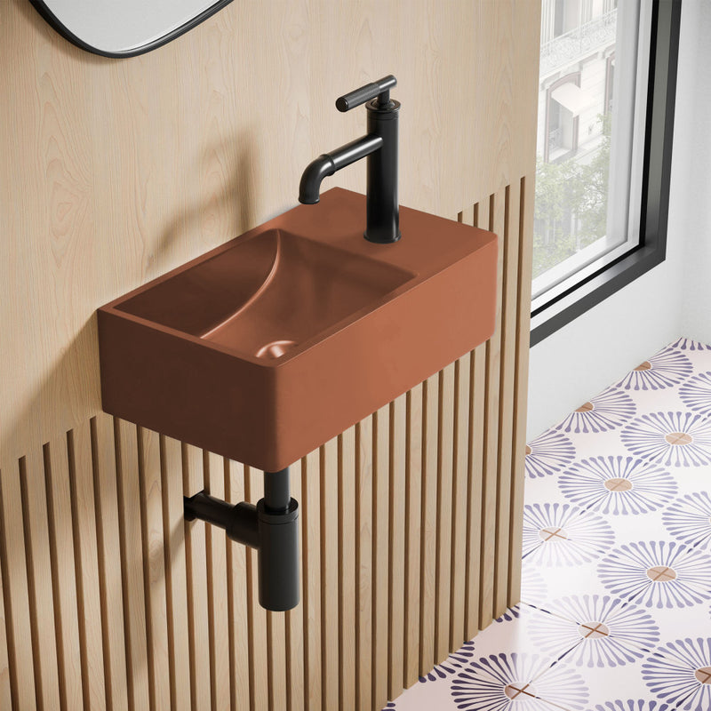 Lisse 16" Concrete Rectangle Wall-Mounted Sink with Right Side Faucet Mount in Matte Terracotta